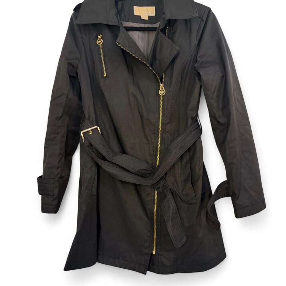 Michael Kors Womens Black & Gold Zip Asymmetrical Wrapped Winter Trench Coat